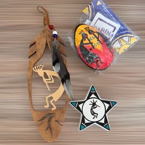 Kokopelli Wooden Feather Wall Hanging Signed Ornament and New Kokopelli Flute